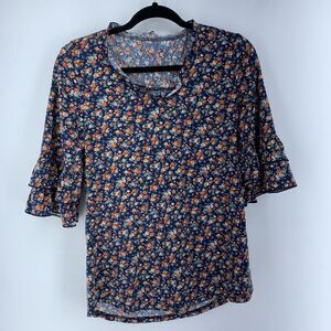 TFSDOD Womens S Vneck Top Blouse Cottage Peasant Ditsy Ruffles 3/4 Tiered Sleeve